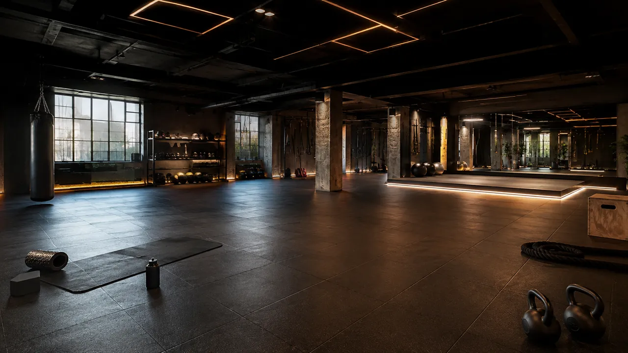 Estudio fitness oscuro para clases de grupo