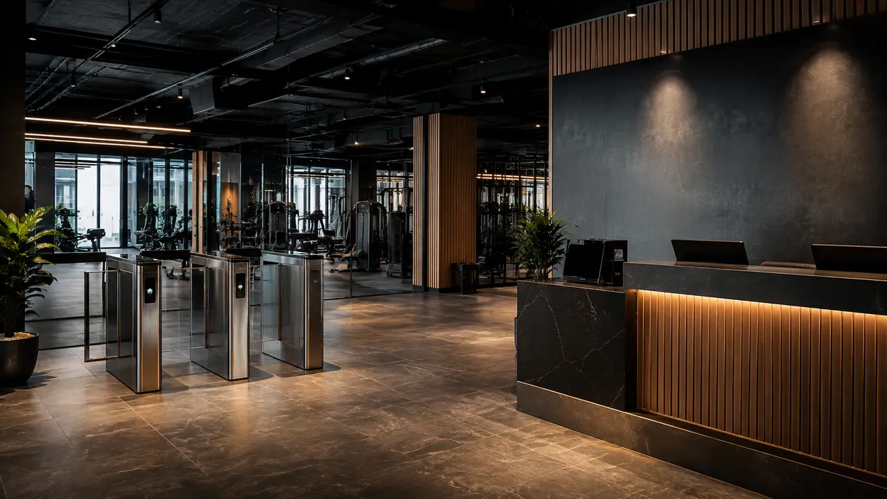 Lobby premium de gimnasio con recepción y control de acceso